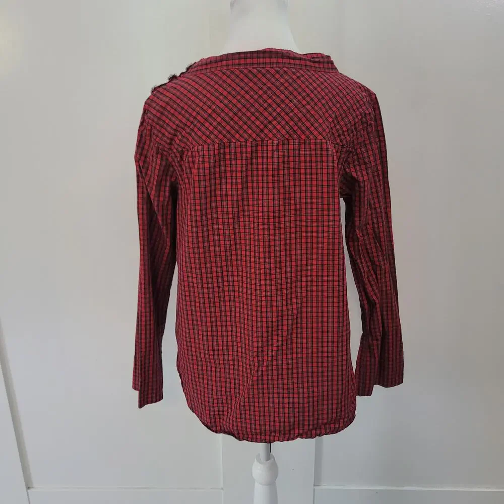 J.Crew Size 4 Plaid Hi-Low Long Sleeve Button Shirt Red Black Holiday‎